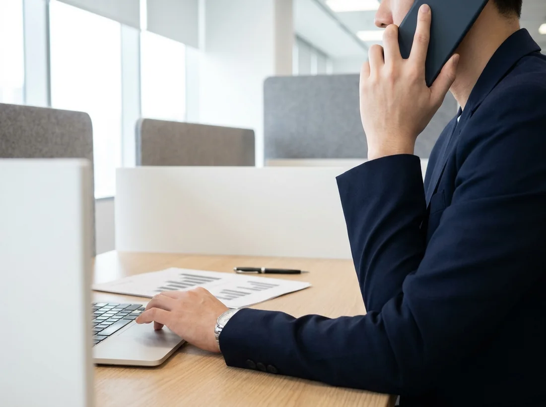 Atendimento por telefone sobre relatórios em mesa de escritório