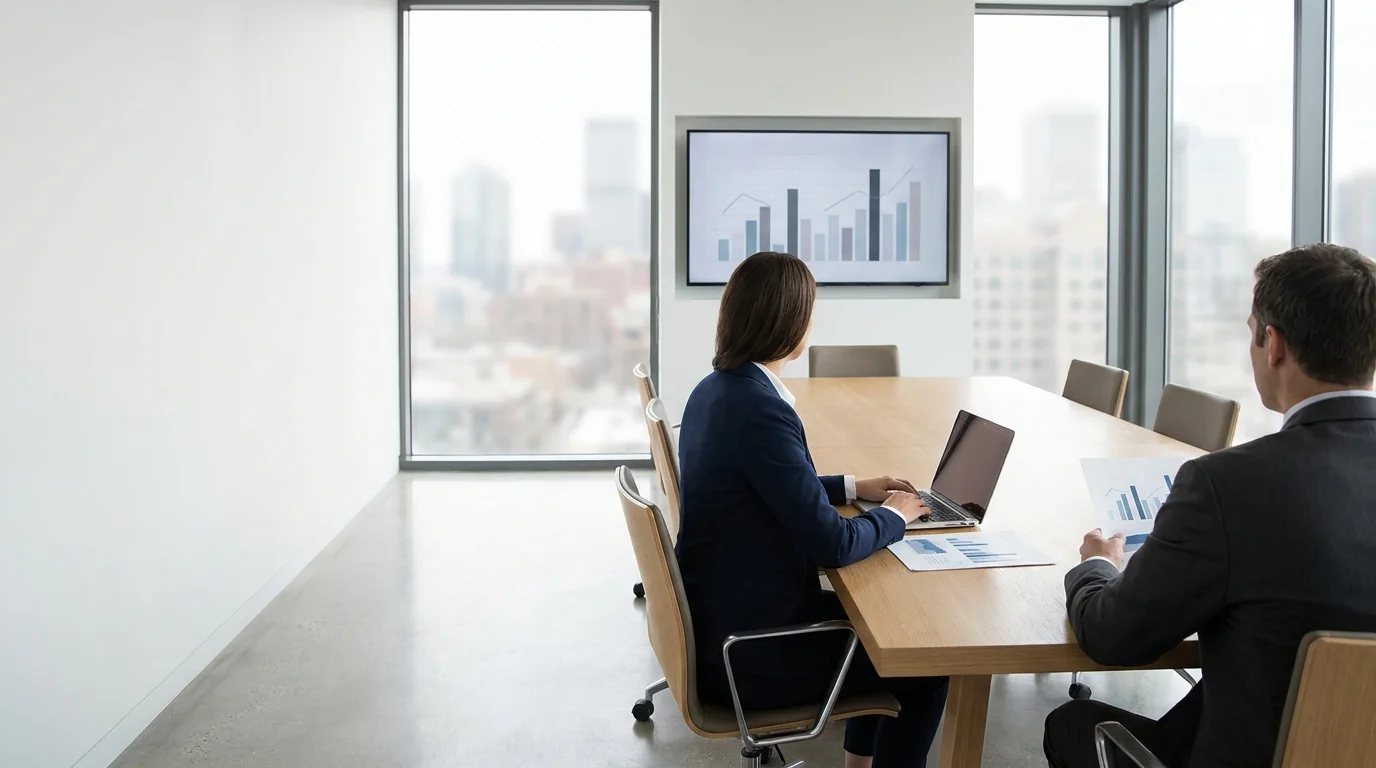 Sala de reunião corporativa com apresentação de indicadores