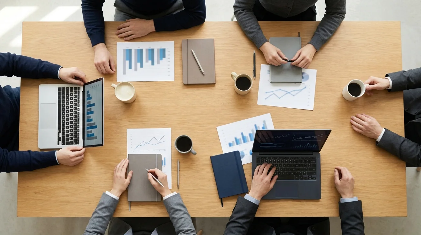 Reunião de análise de resultados sobre a mesa, com relatórios e notebooks