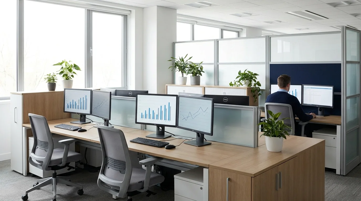 Ambiente de trabalho com estações e painéis de indicadores